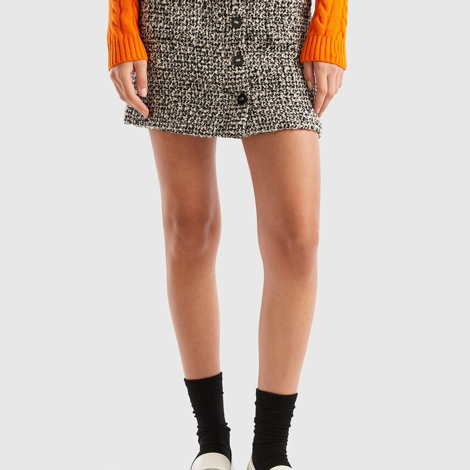 Kadın Siyah-Beyaz Yün Karışımlı Tüvit Mini Etek