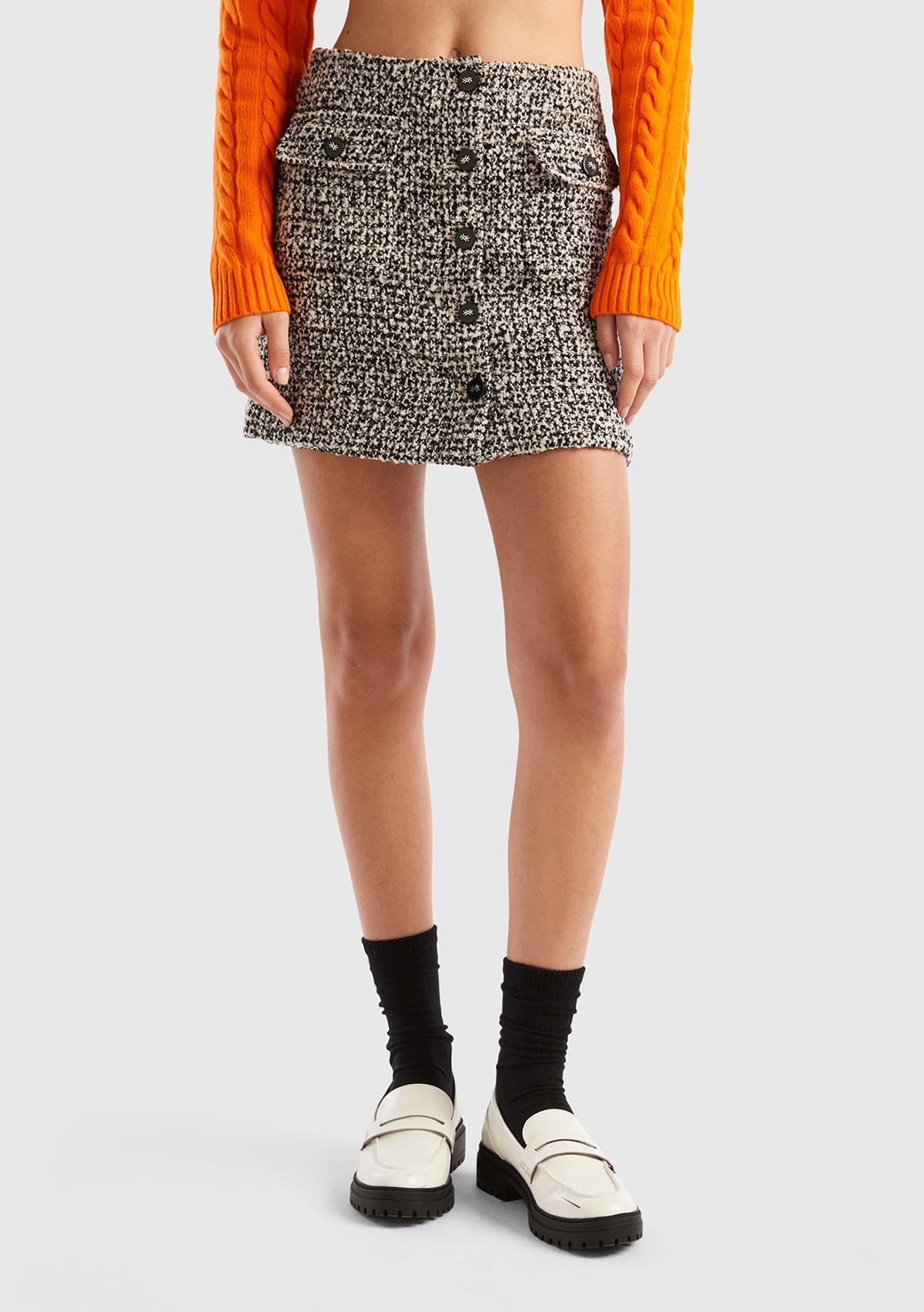  Kadın Siyah-Beyaz Yün Karışımlı Tüvit Mini Etek