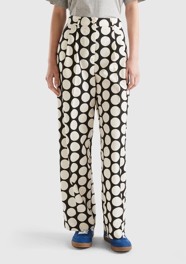  Kadın Siyah Beyaz Poliviskoz  Puantiyeli Geniş Paça Pantolon