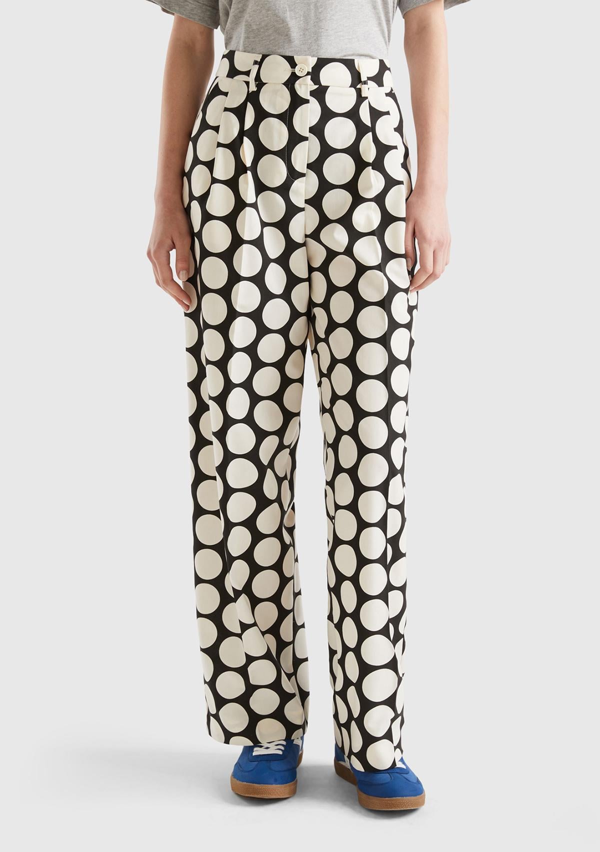  Kadın Siyah Beyaz Poliviskoz  Puantiyeli Geniş Paça Pantolon