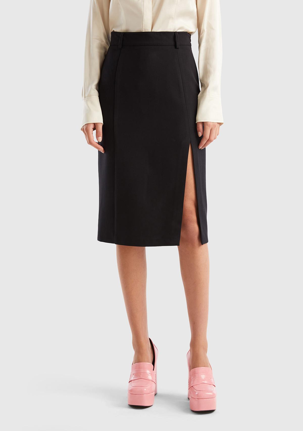  Kadın Siyah Poliviskoz Yırtmaçlı Midi Boy Etek