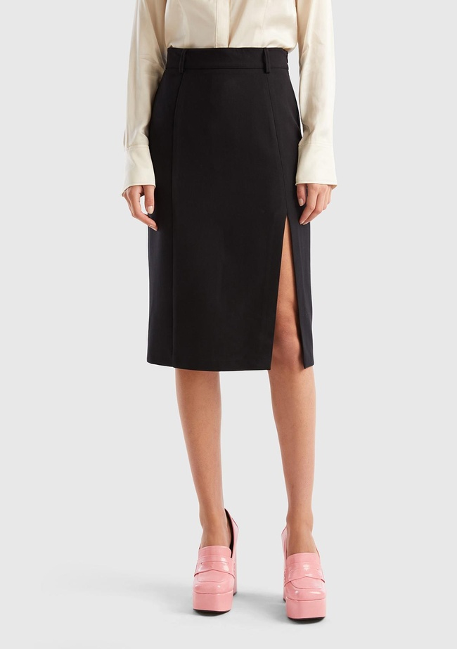  Kadın Siyah Poliviskoz Yırtmaçlı Midi Boy Etek