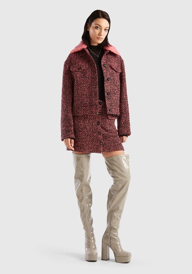  Kadın Pembe Mix Yün Karışımlı Tüvit Mini Etek