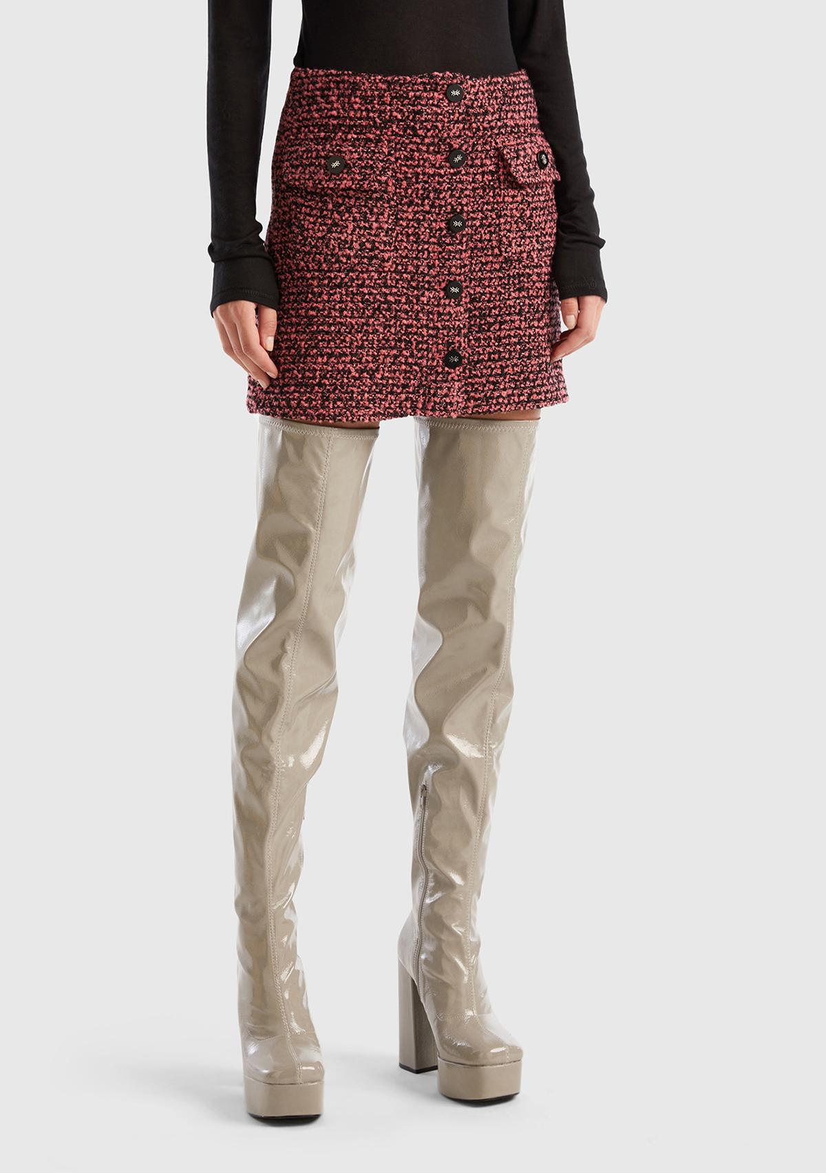  Kadın Pembe Mix Yün Karışımlı Tüvit Mini Etek