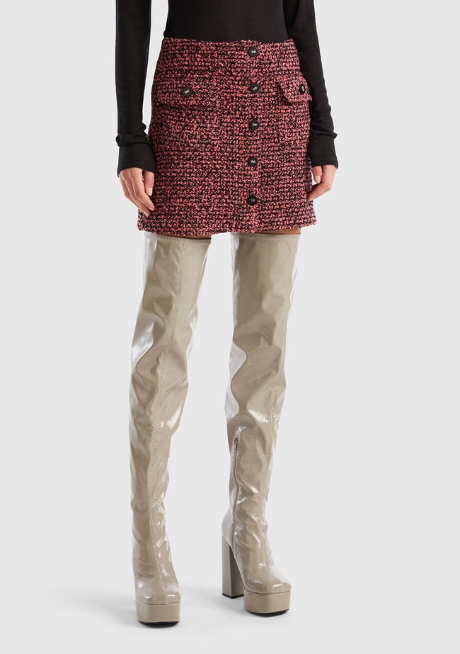  Kadın Pembe Mix Yün Karışımlı Tüvit Mini Etek