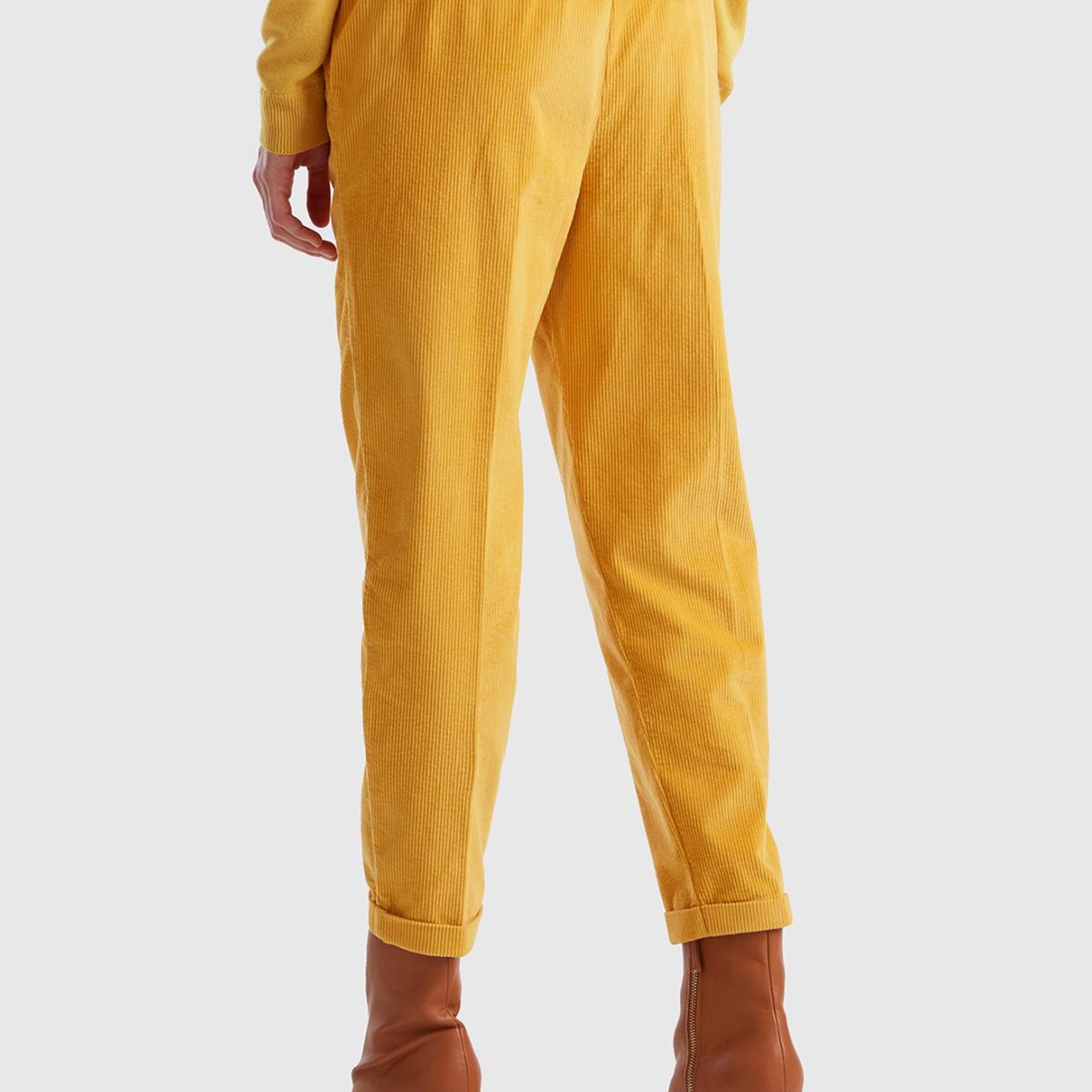 Kadın Hardal Beli Lastikli Kadife Pantolon