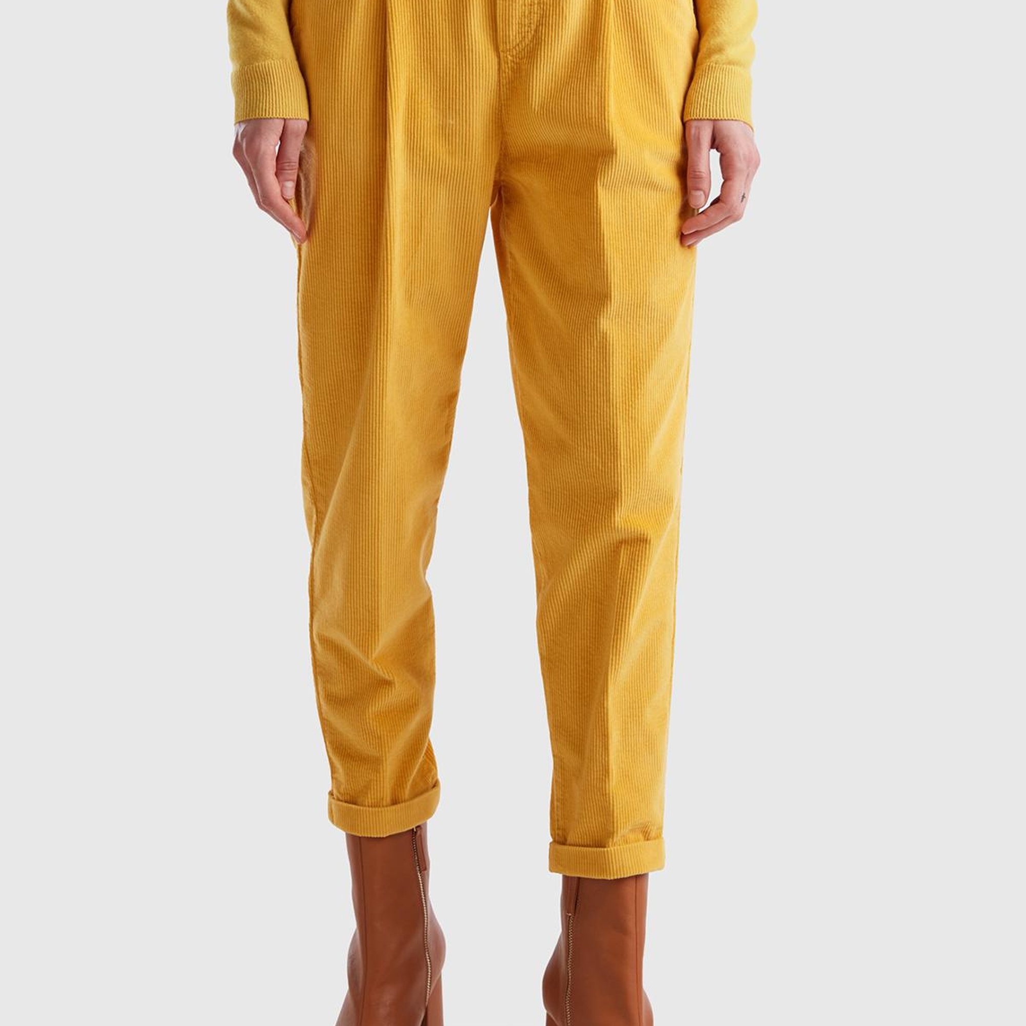 Kadın Hardal Beli Lastikli Kadife Pantolon