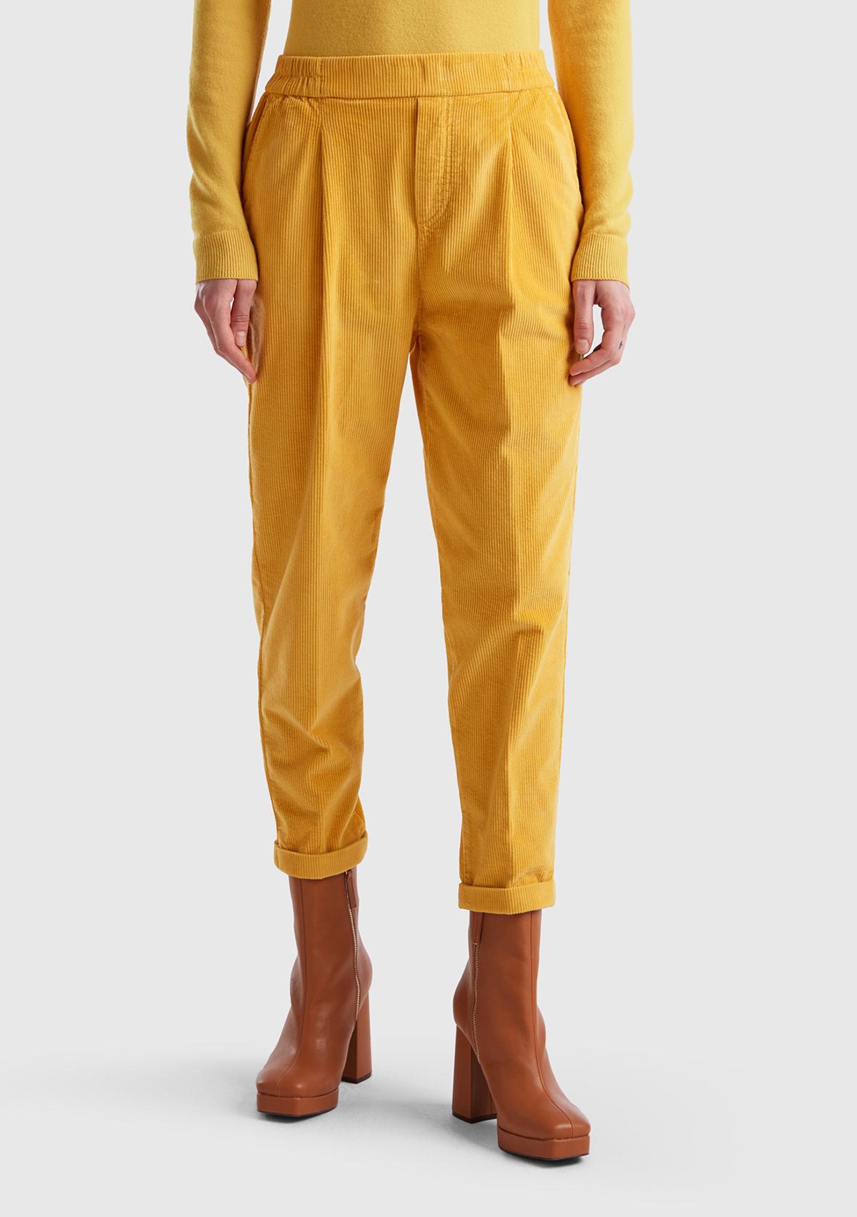  Kadın Hardal Beli Lastikli Kadife Pantolon