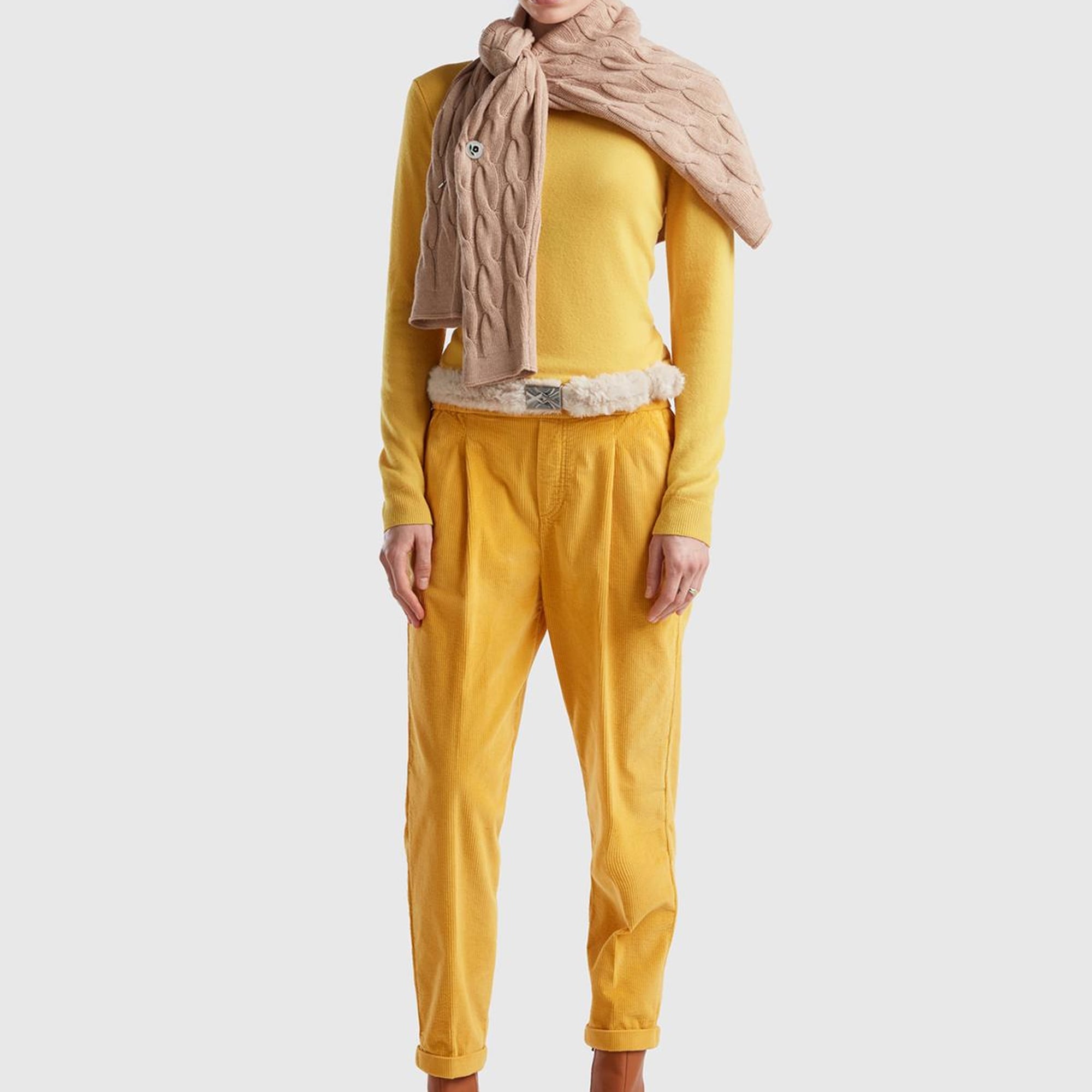 Kadın Hardal Beli Lastikli Kadife Pantolon