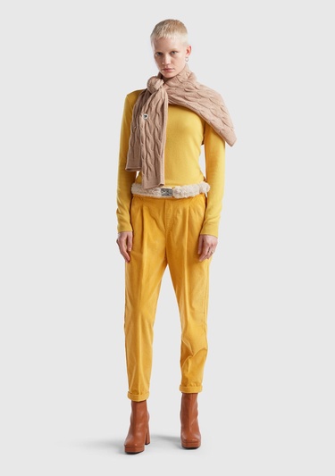  Kadın Hardal Beli Lastikli Kadife Pantolon