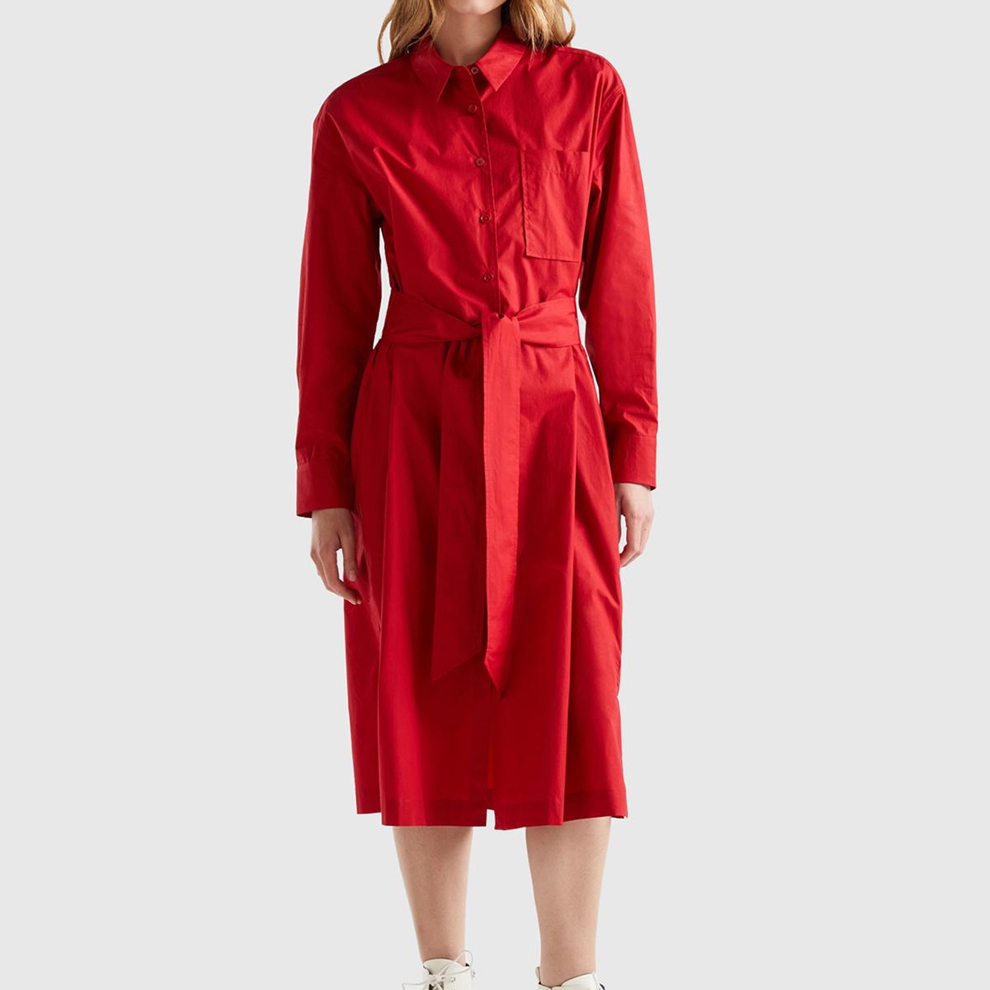 Kadın Vişne Çürüğü %100 Koton Gömlek Yaka Uzun Kollu Popline Elbise