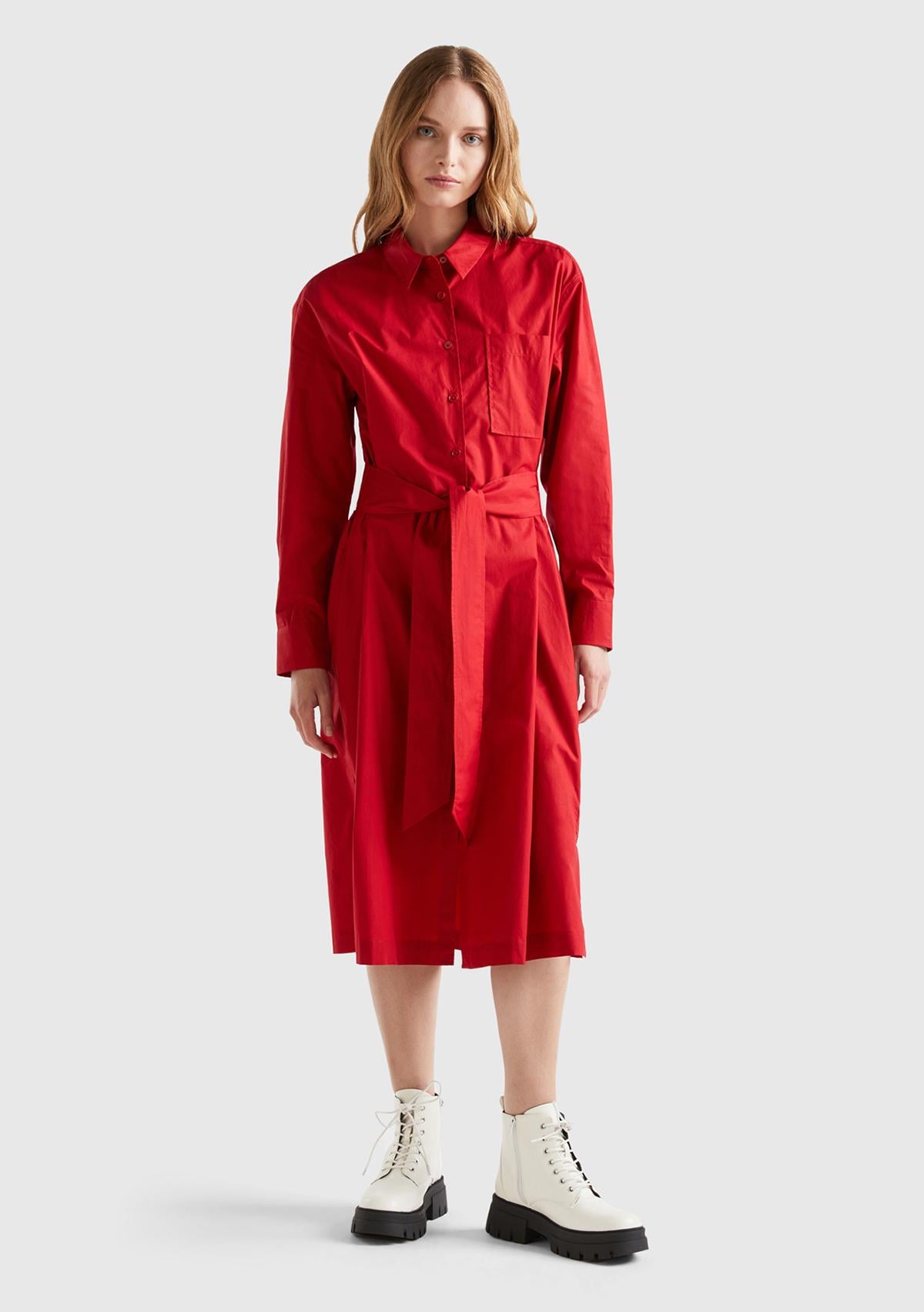  Kadın Vişne Çürüğü %100 Koton Gömlek Yaka Uzun Kollu Popline Elbise