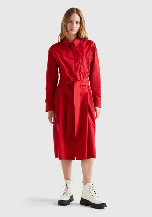  Kadın Vişne Çürüğü %100 Koton Gömlek Yaka Uzun Kollu Popline Elbise