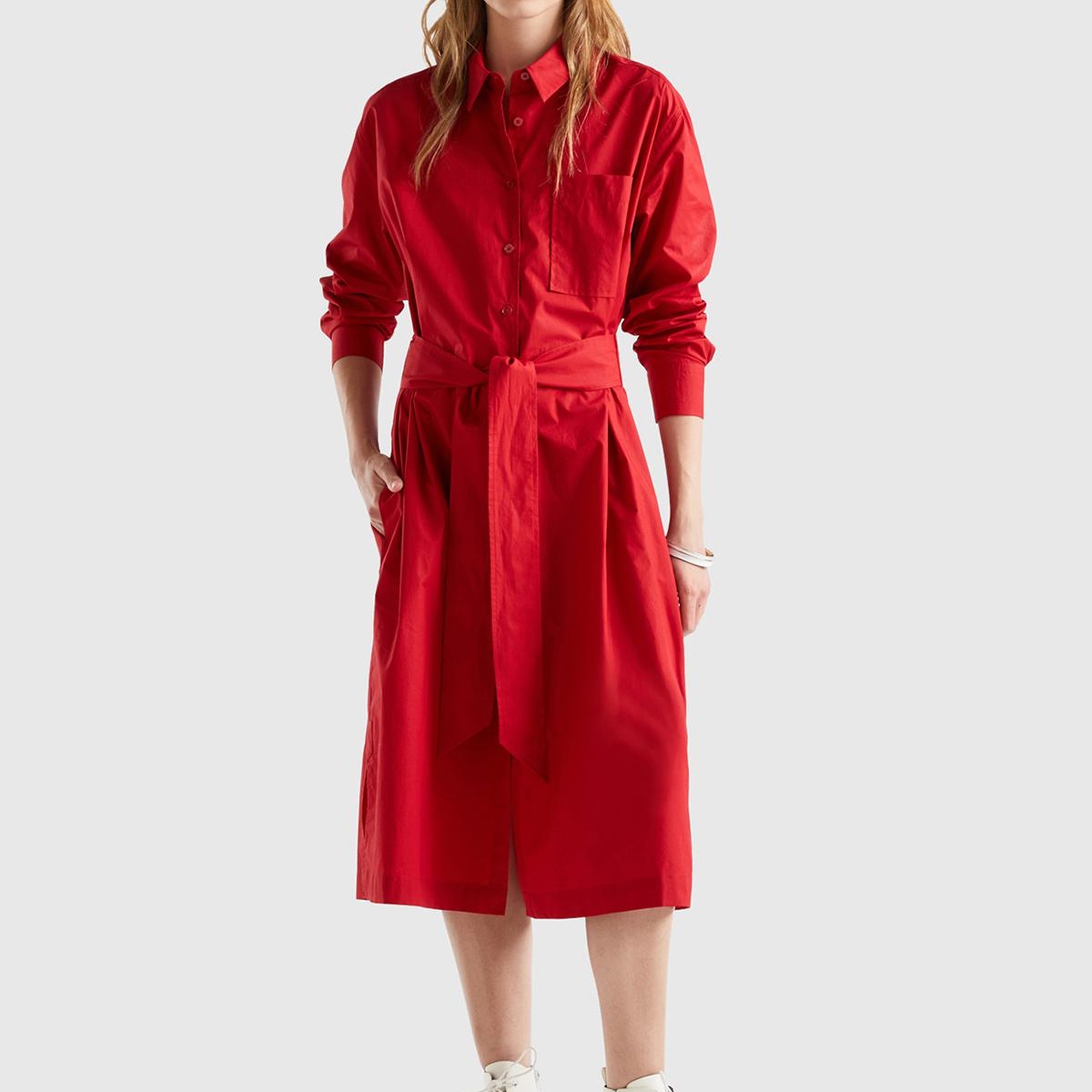 Kadın Vişne Çürüğü %100 Koton Gömlek Yaka Uzun Kollu Popline Elbise