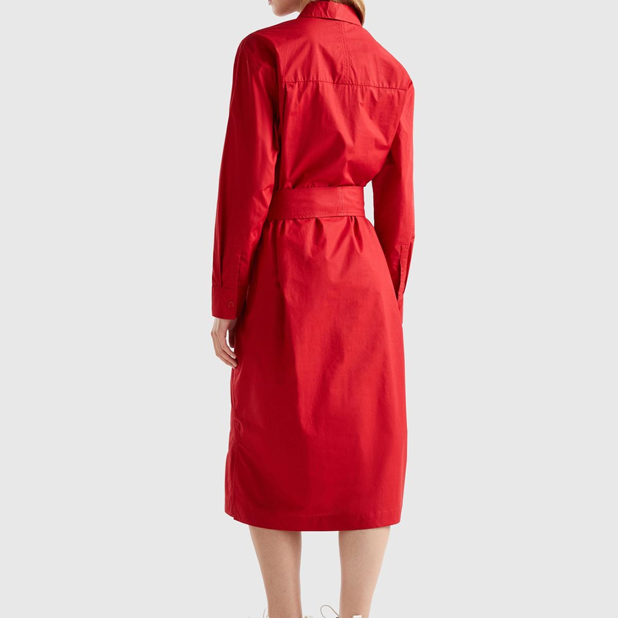 Kadın Vişne Çürüğü %100 Koton Gömlek Yaka Uzun Kollu Popline Elbise