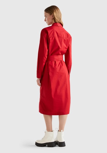  Kadın Vişne Çürüğü %100 Koton Gömlek Yaka Uzun Kollu Popline Elbise