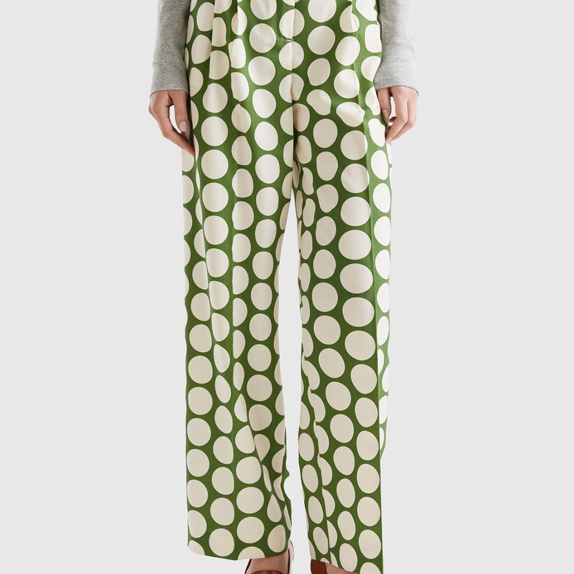 Kadın Yeşil Poliviskoz  Puantiyeli Geniş Paça Pantolon