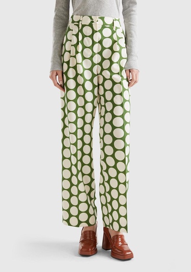  Kadın Yeşil Poliviskoz  Puantiyeli Geniş Paça Pantolon