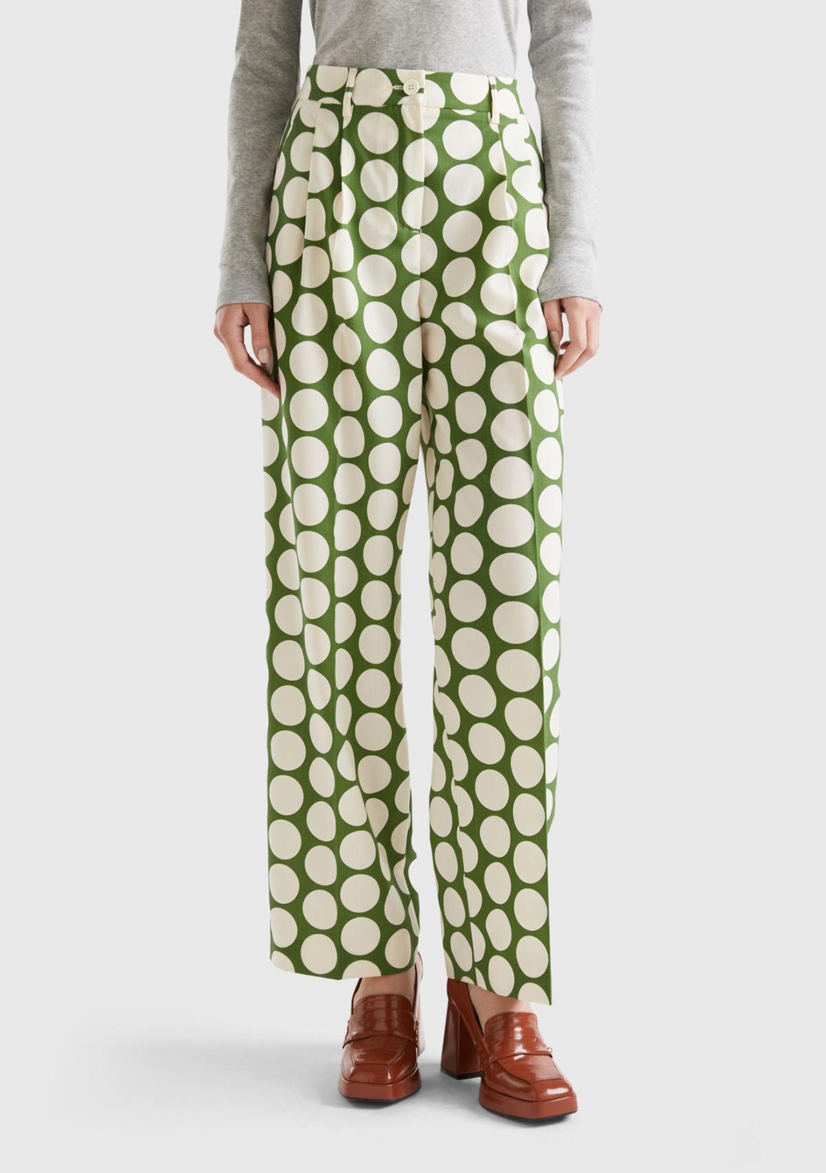  Kadın Yeşil Poliviskoz  Puantiyeli Geniş Paça Pantolon