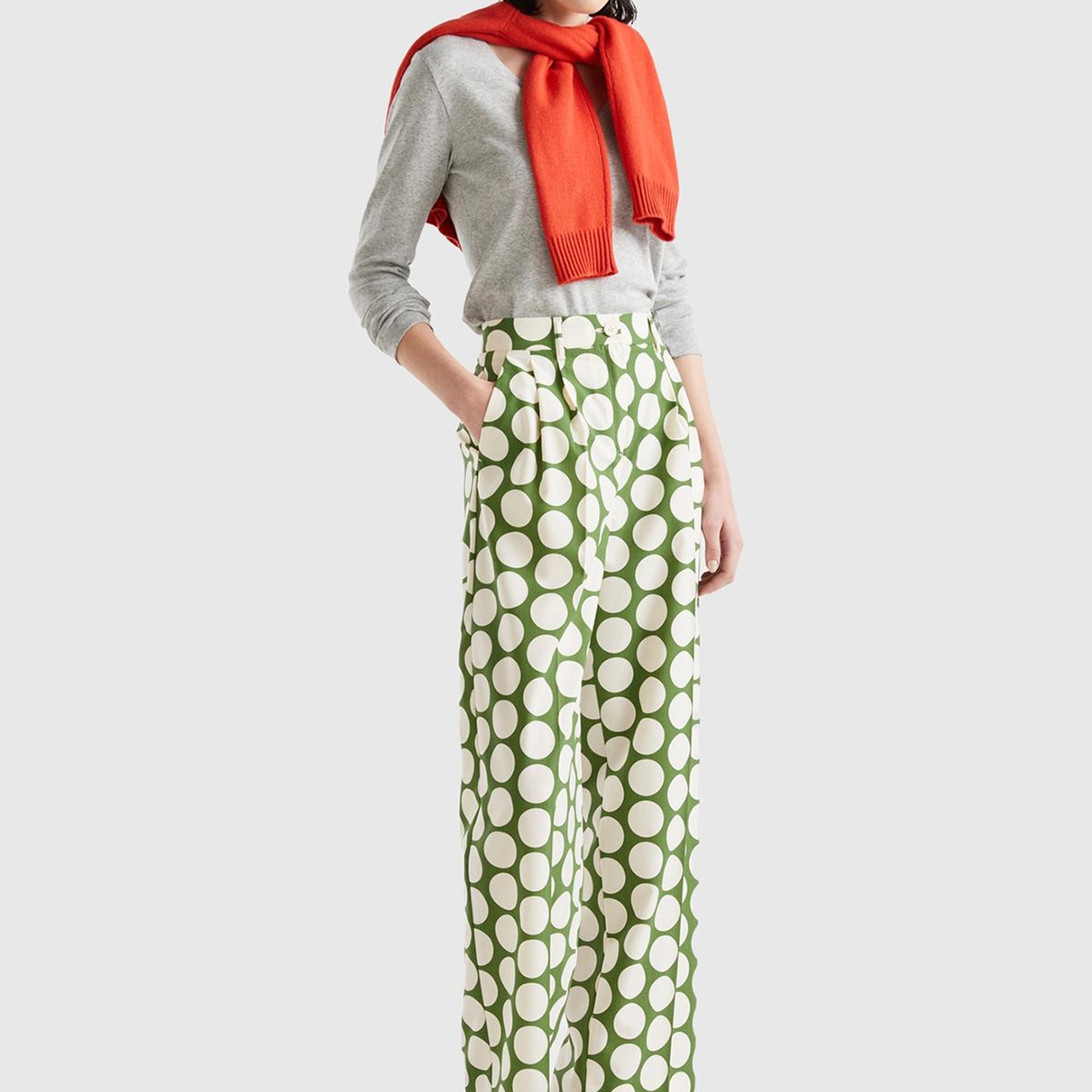 Kadın Yeşil Poliviskoz  Puantiyeli Geniş Paça Pantolon