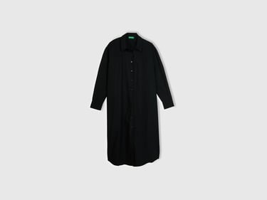  Kadın Siyah %100 Koton Gömlek Yaka Uzun Kollu Popline Elbise