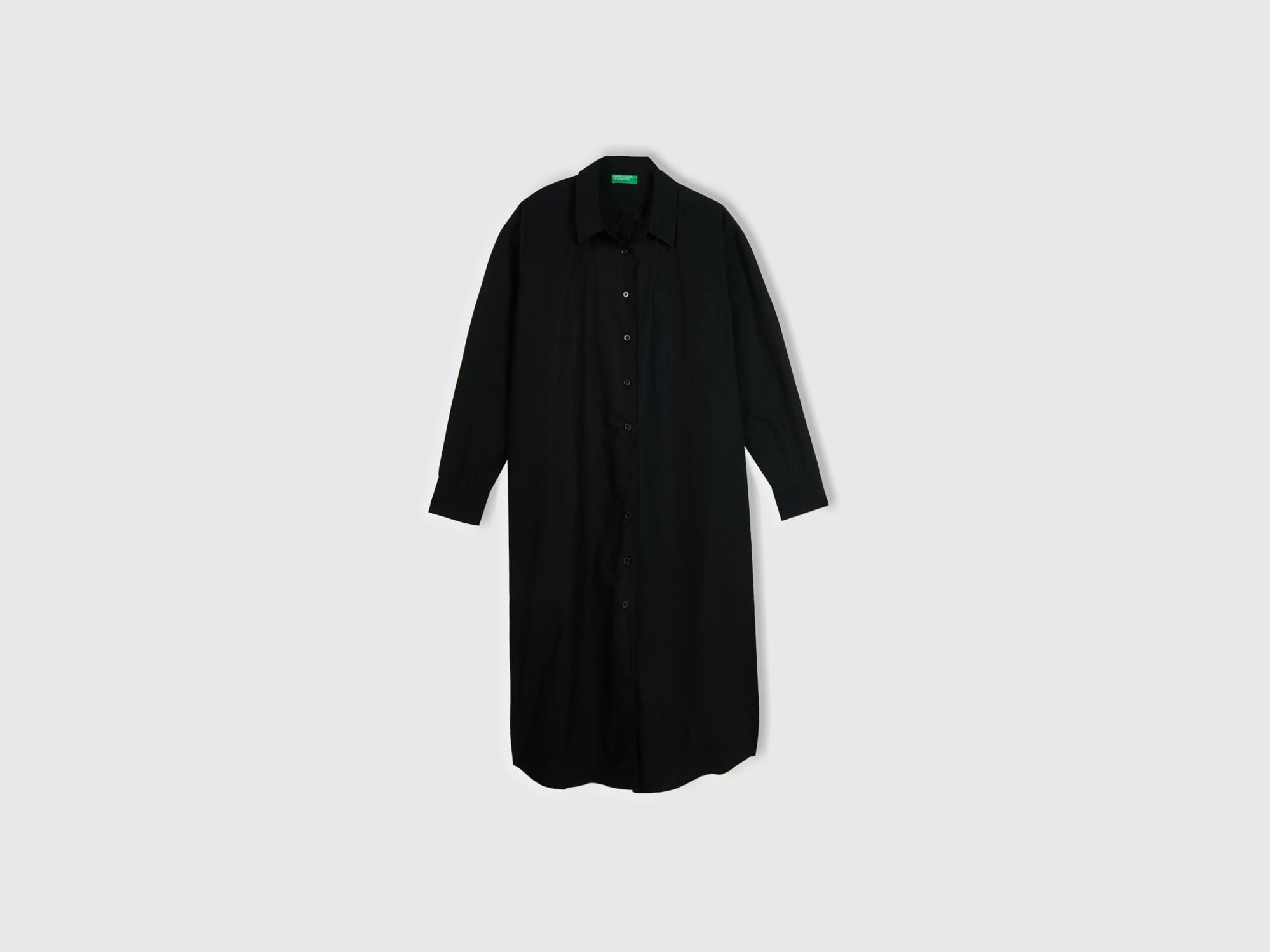  Kadın Siyah %100 Koton Gömlek Yaka Uzun Kollu Popline Elbise