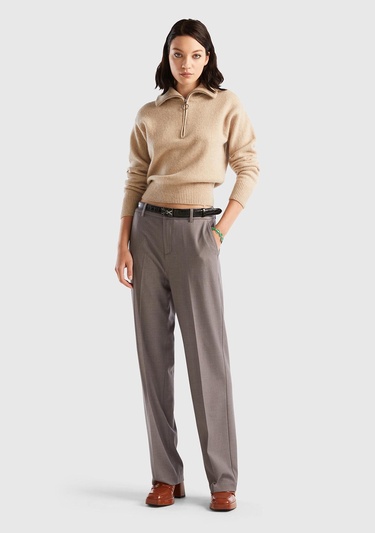  Kadın Antrasit Melanj Poliviskoz Yumuşak Dokulu Regular Fit Pantolon