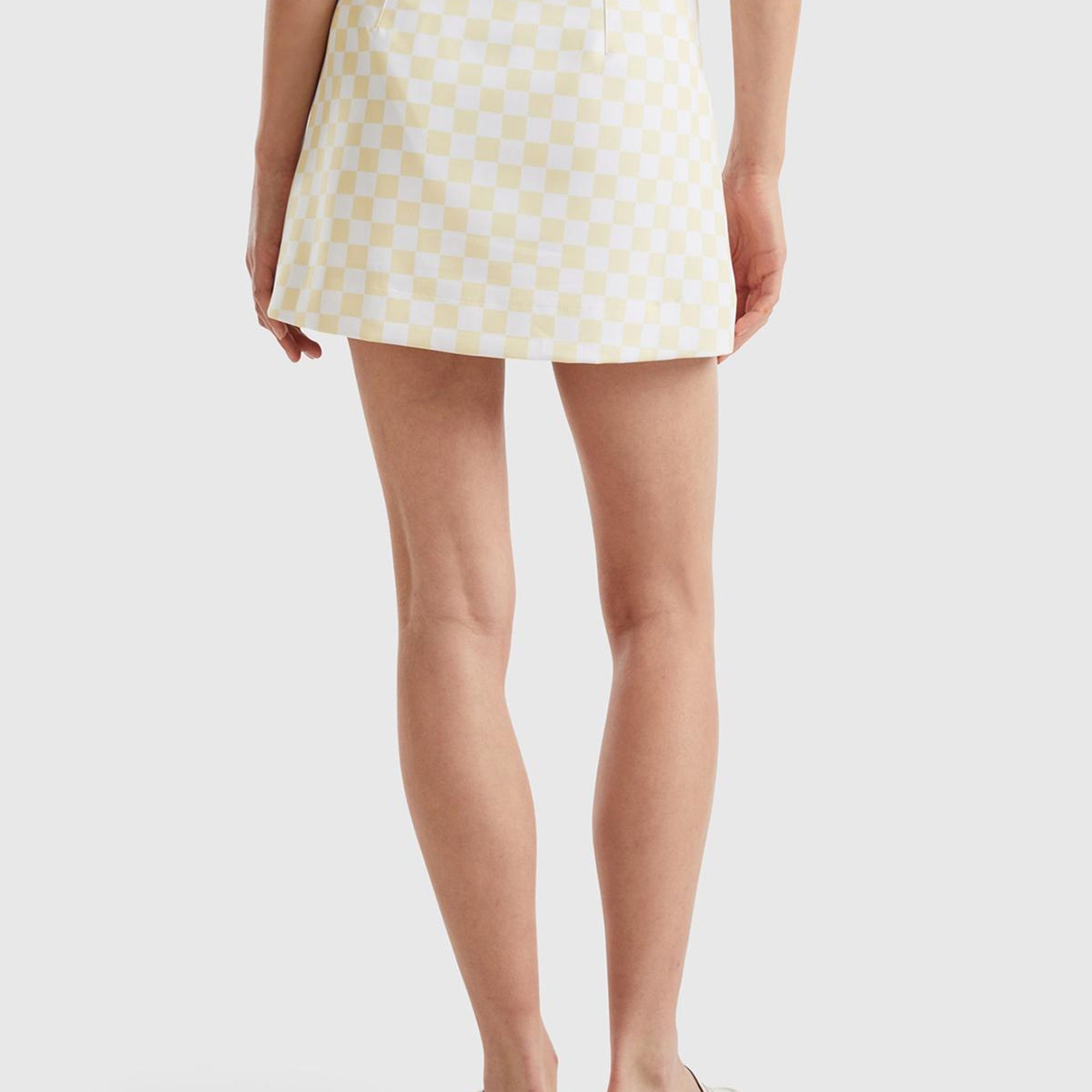 Kadın Sarı Dama Desenli Mini Etek