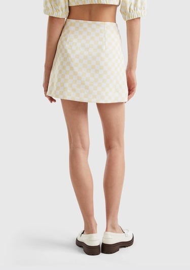  Kadın Sarı Dama Desenli Mini Etek