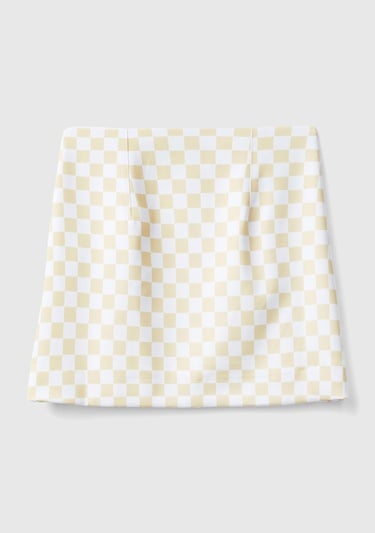  Kadın Sarı Dama Desenli Mini Etek