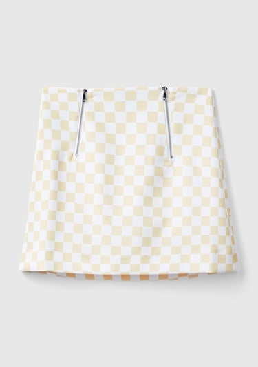  Kadın Sarı Dama Desenli Mini Etek