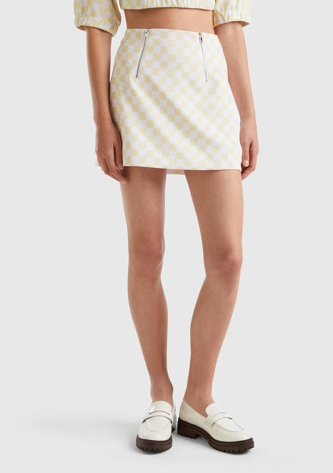  Kadın Sarı Dama Desenli Mini Etek