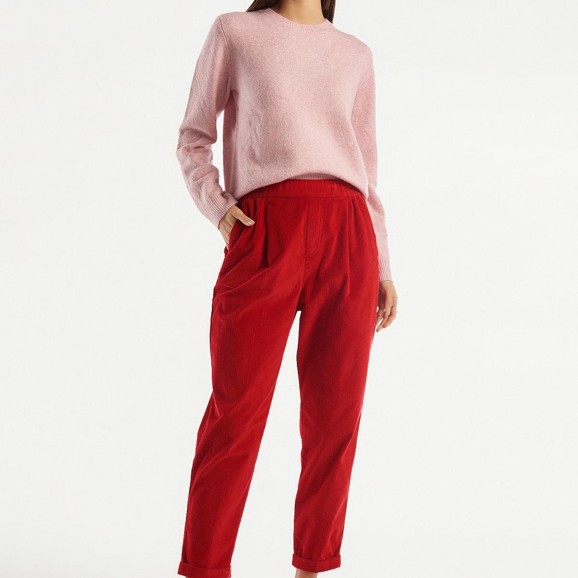 Kadın Kırmızı Beli Lastikli Kadife Pantolon