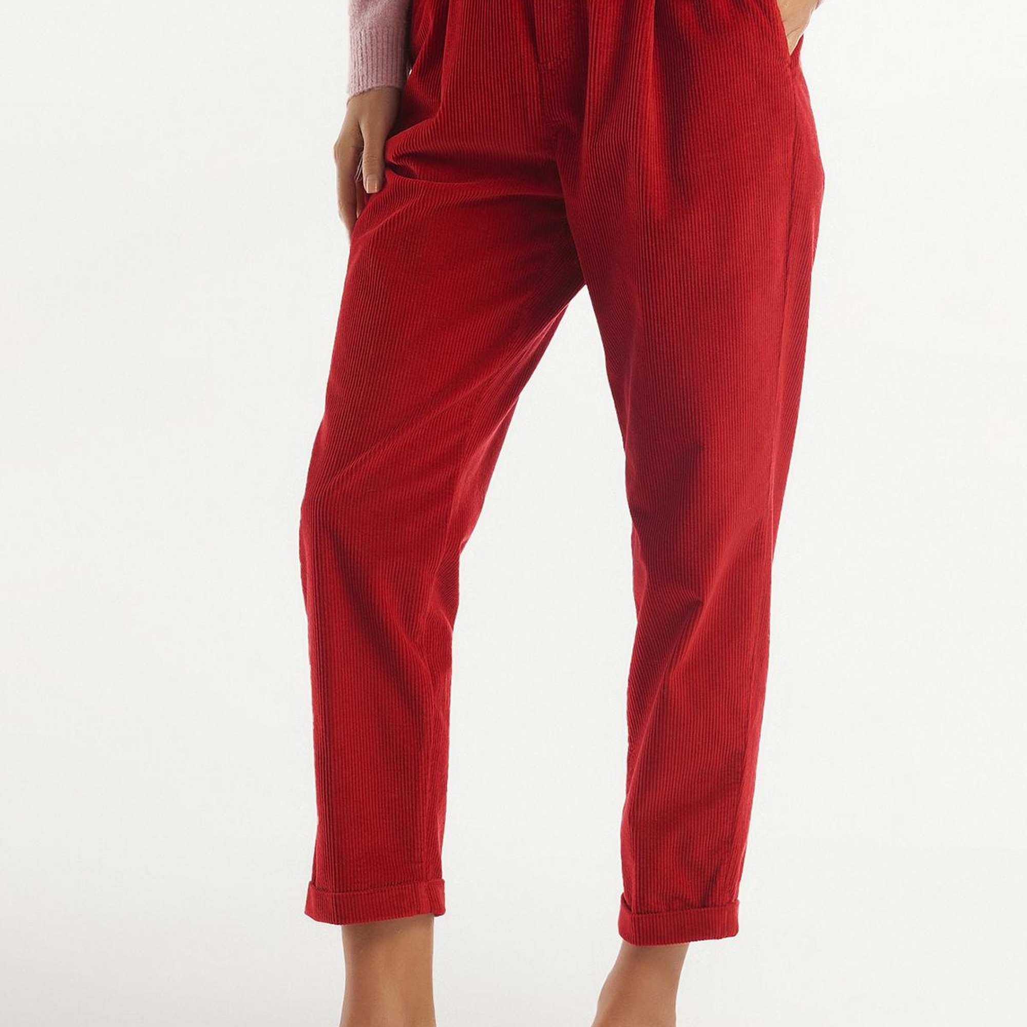 Kadın Kırmızı Beli Lastikli Kadife Pantolon