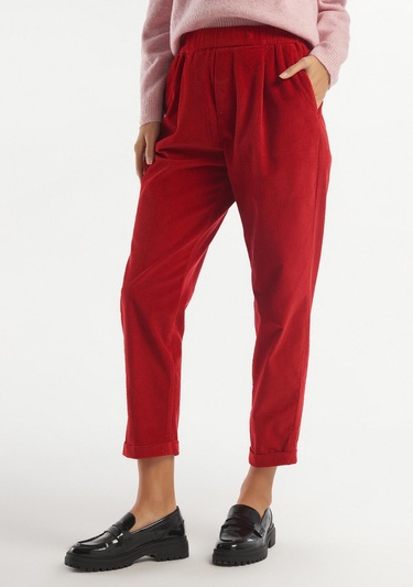  Kadın Kırmızı Beli Lastikli Kadife Pantolon