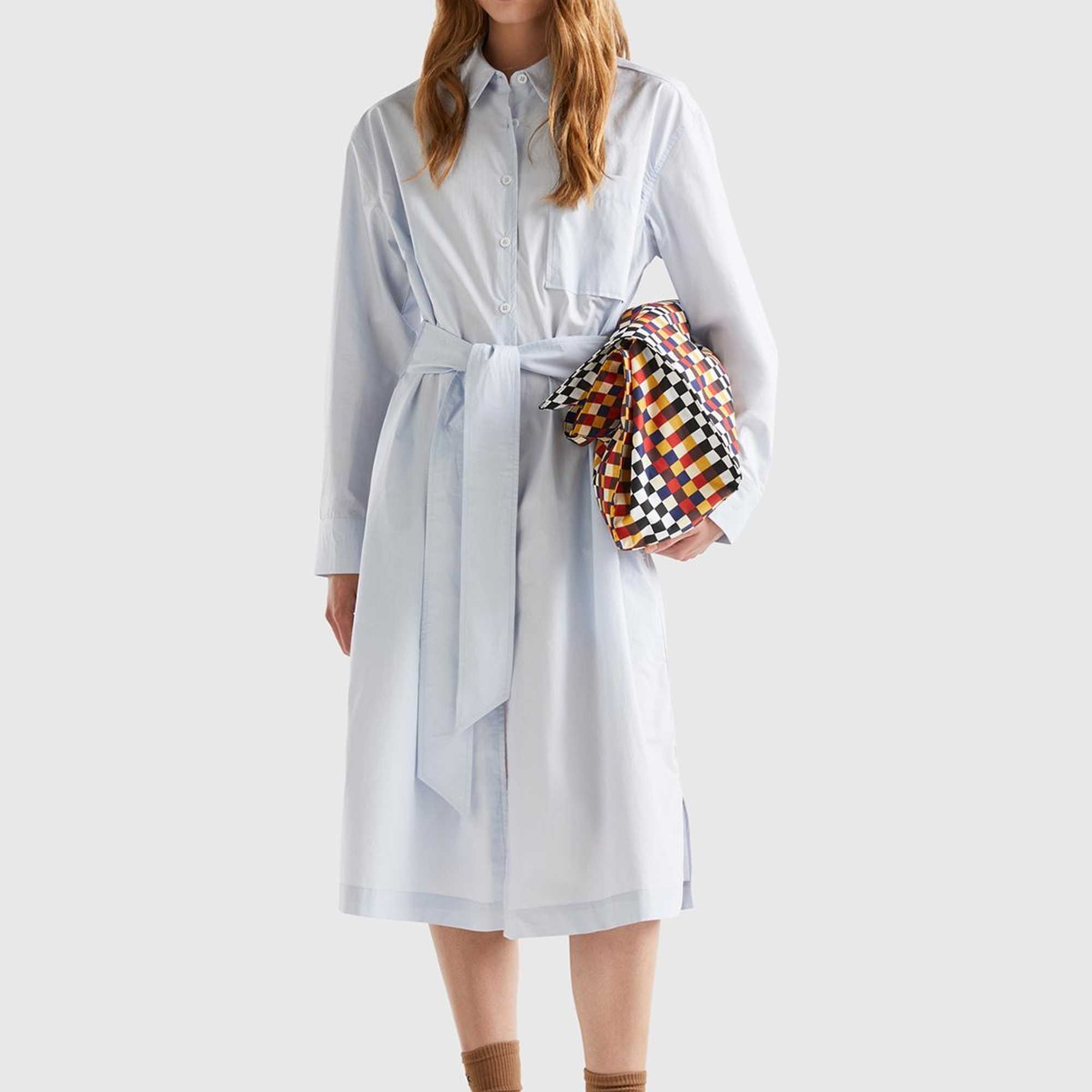 Kadın Soluk Mavi %100 Koton Gömlek Yaka Uzun Kollu Popline Elbise