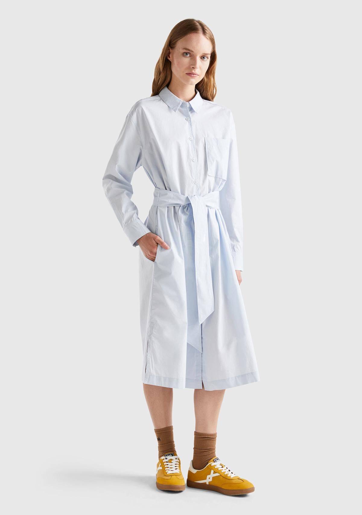  Kadın Soluk Mavi %100 Koton Gömlek Yaka Uzun Kollu Popline Elbise