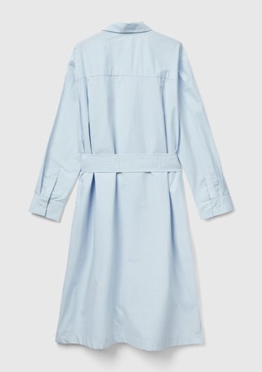  Kadın Soluk Mavi %100 Koton Gömlek Yaka Uzun Kollu Popline Elbise