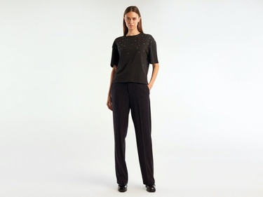  Kadın Siyah Poliviskoz Yumuşak Dokulu Regular Fit Pantolon