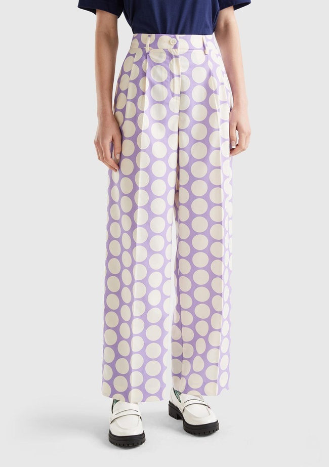  Kadın Lila Poliviskoz  Puantiyeli Geniş Paça Pantolon