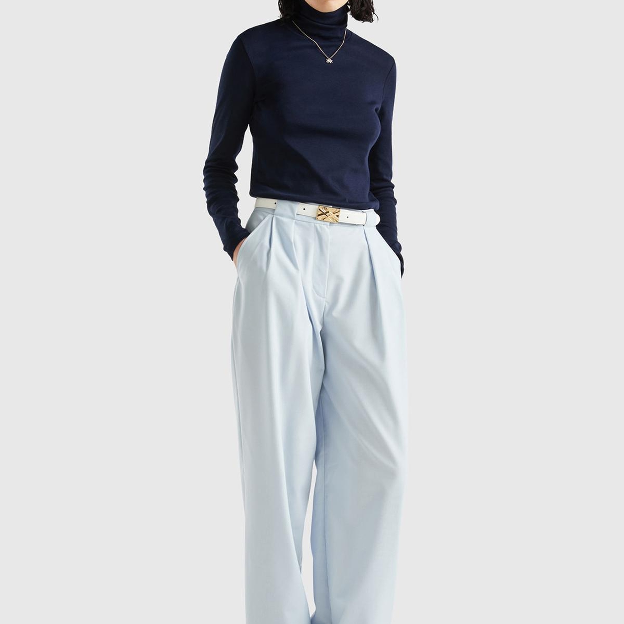 Kadın Soluk Mavi Poliviskoz Yüksek Bel Rahat Kalıp Pantolon