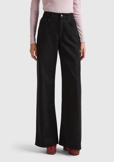  Kadın Siyah %100 Koton Bol Paça Denim Pantolon