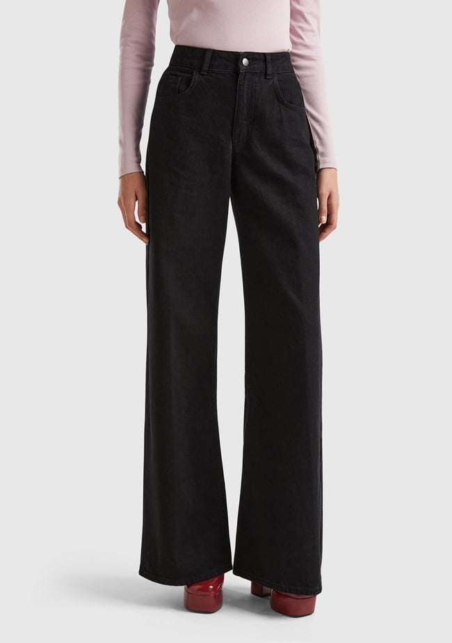  Kadın Siyah %100 Koton Bol Paça Denim Pantolon