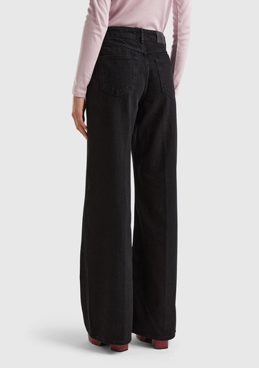  Kadın Siyah %100 Koton Bol Paça Denim Pantolon