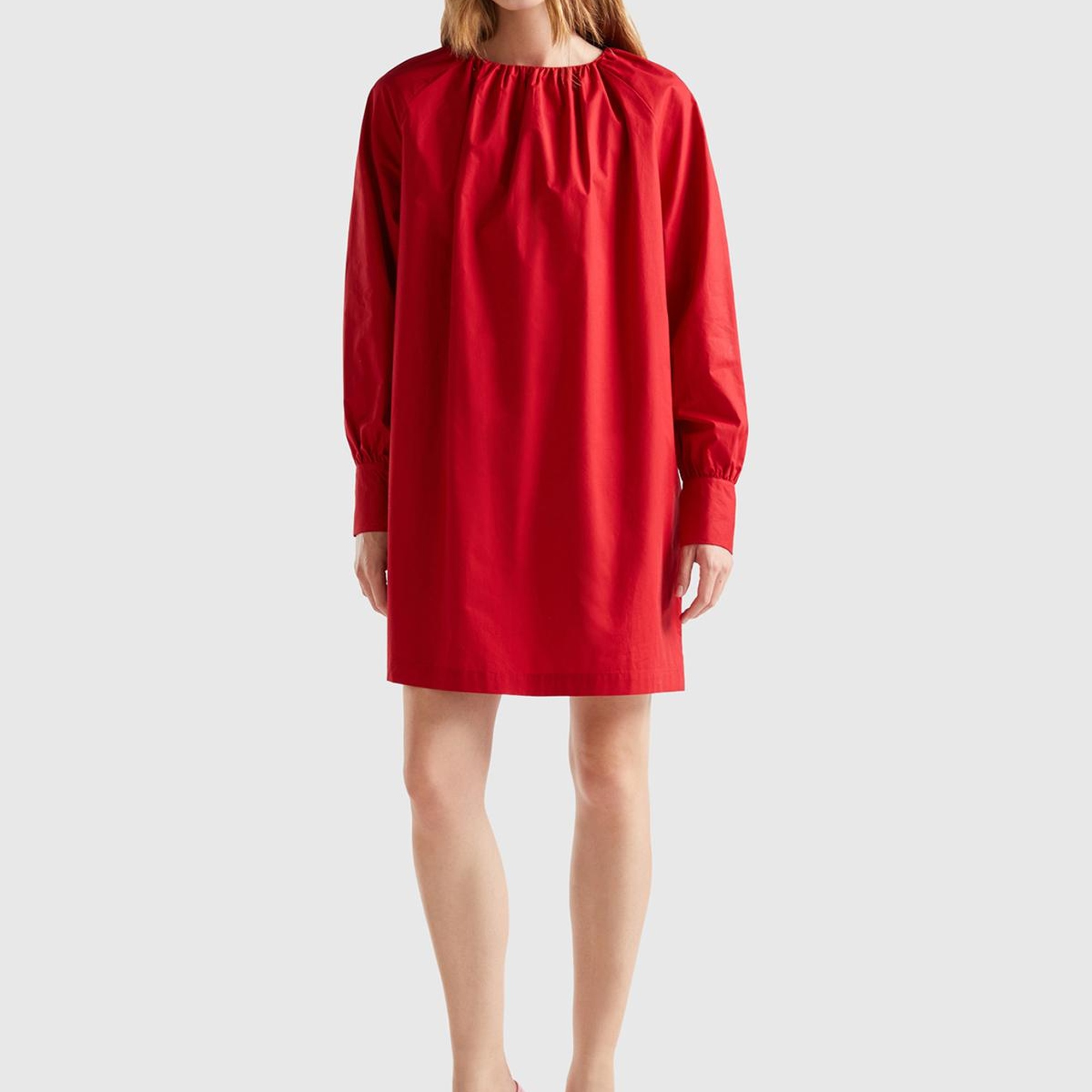 Kadın Kırmızı %100 Koton Raglan Uzun Kollu Midi Boy Elbise