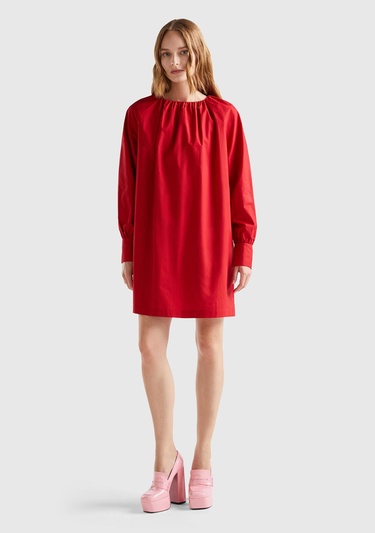  Kadın Kırmızı %100 Koton Raglan Uzun Kollu Midi Boy Elbise