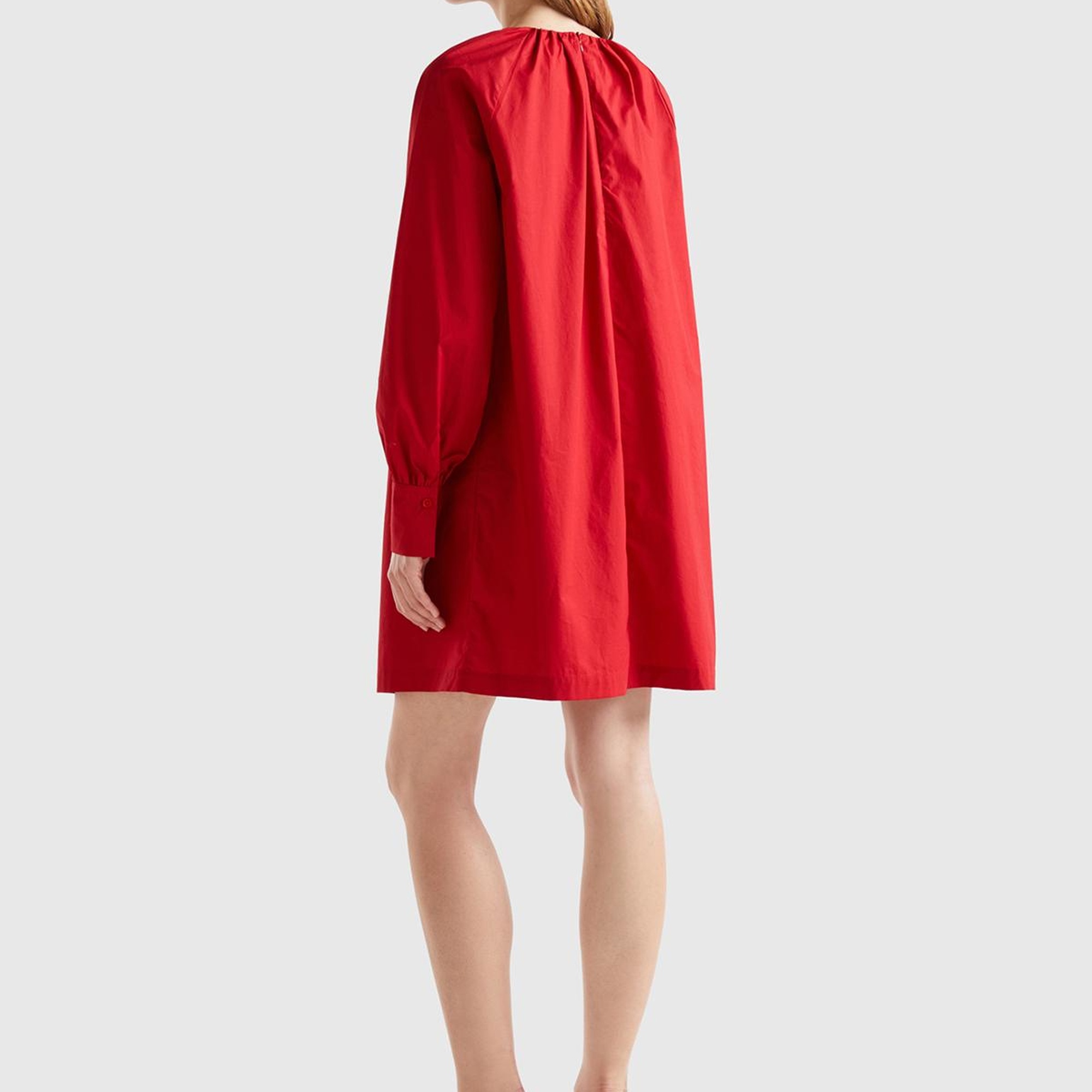 Kadın Kırmızı %100 Koton Raglan Uzun Kollu Midi Boy Elbise