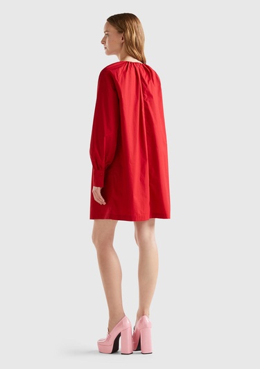  Kadın Kırmızı %100 Koton Raglan Uzun Kollu Midi Boy Elbise