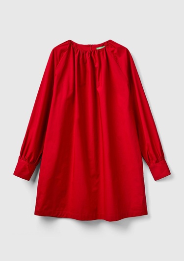  Kadın Kırmızı %100 Koton Raglan Uzun Kollu Midi Boy Elbise
