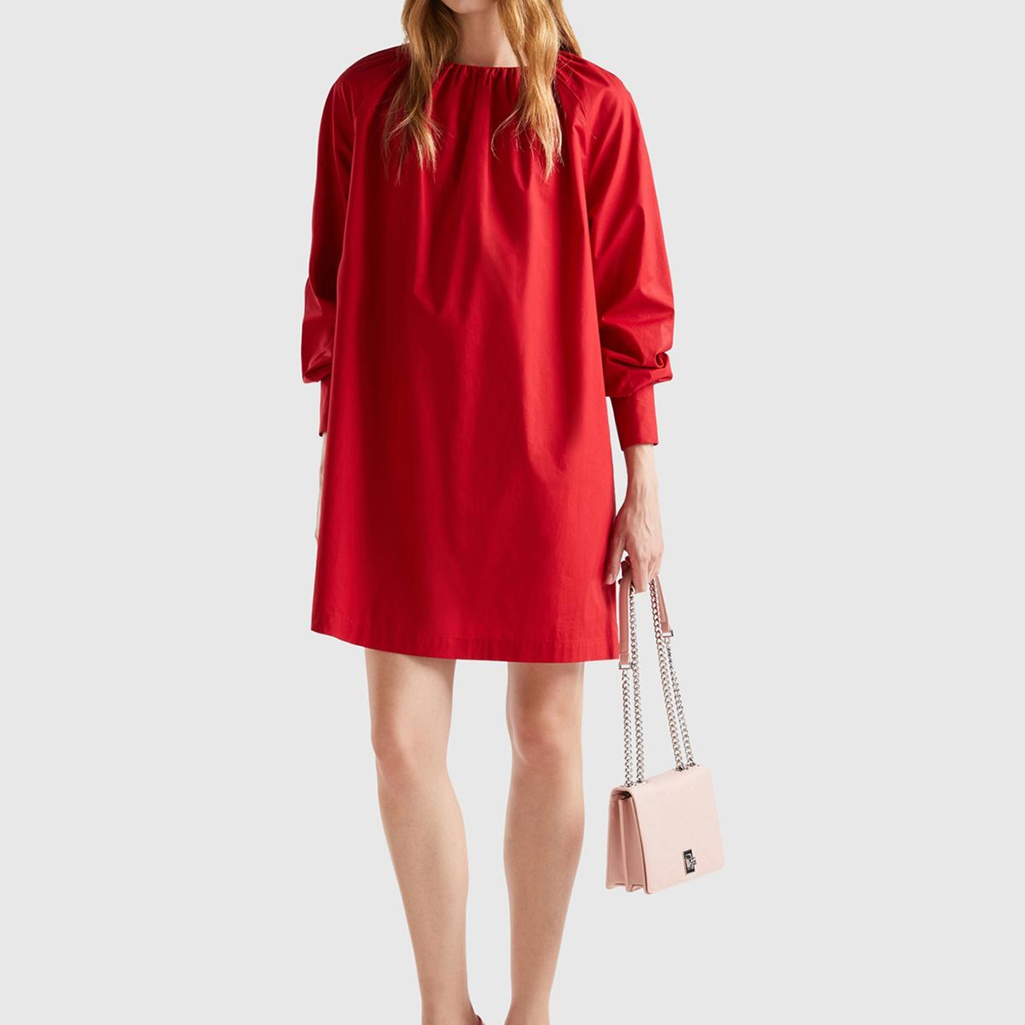 Kadın Kırmızı %100 Koton Raglan Uzun Kollu Midi Boy Elbise